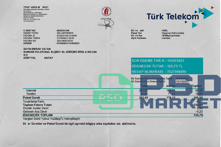 Turkey Turk Telekom Utility Bill Template