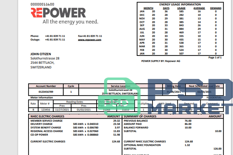 Switzerland Repower AG Utility Bill Template