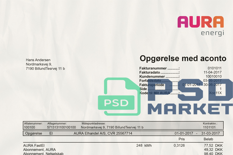 Denmark Aura Energi Utility Bill Template