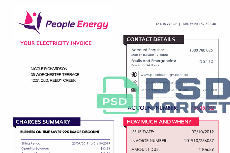 Australia People Energy Utility Bill Template