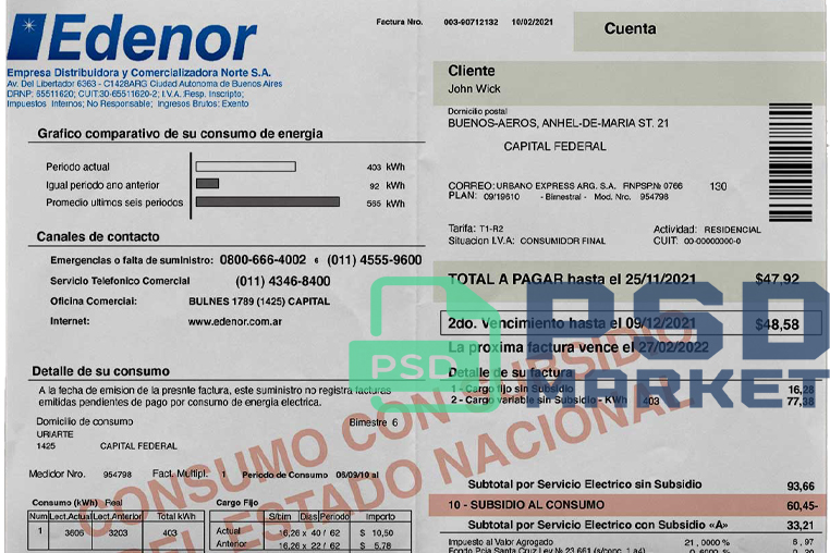 Argentina Edenor S.A. Utility Bill Template