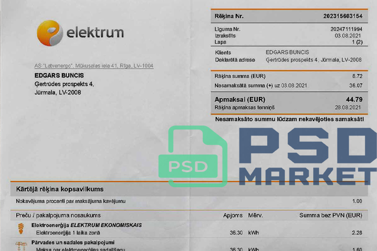 Latvia Elektrum Utility Bill Template