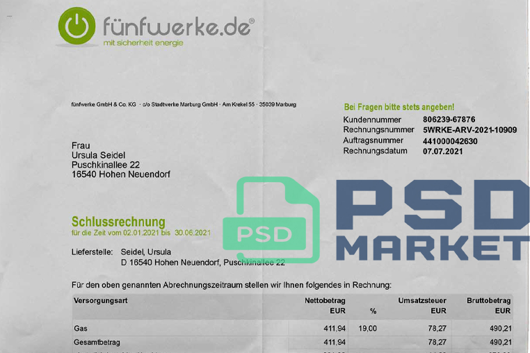 Germany Fuenfwerke Utility Bill Template