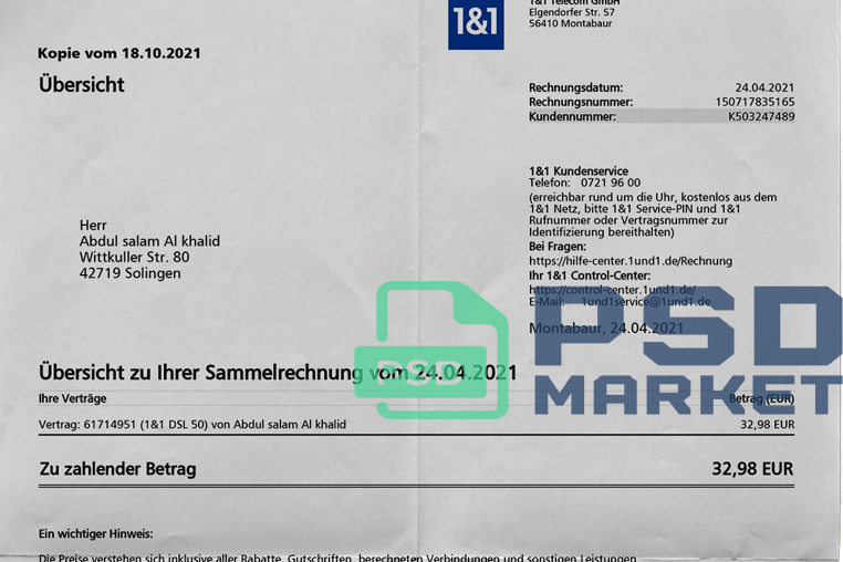 Germany 1 and 1 Utility Bill Template