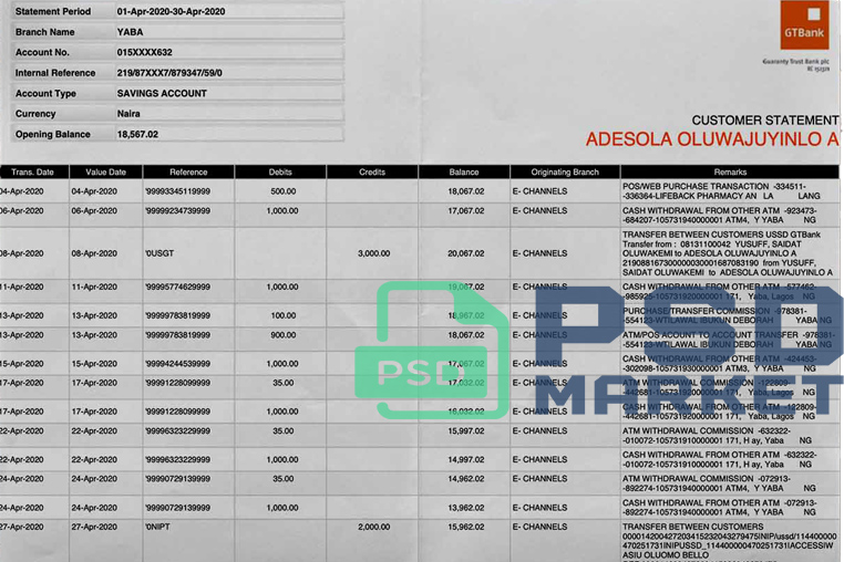 Nigeria GTBank Statement Template