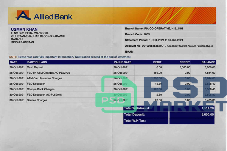 Pakistan AlliedBank Statement Template