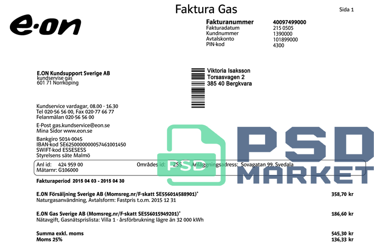 Sweden E-ON Utility Bill Template