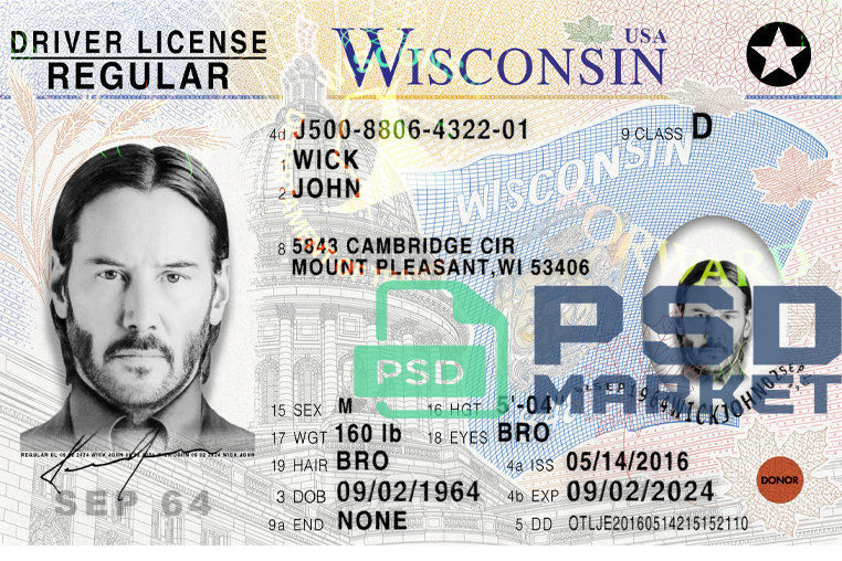 United States (Wisconsin) Driver License Template