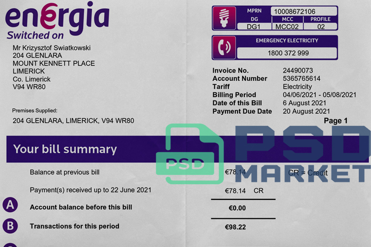 Ireland Energia Utility Bill Template