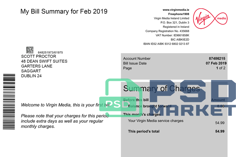 Ireland Virgin Media Utility Bill Template