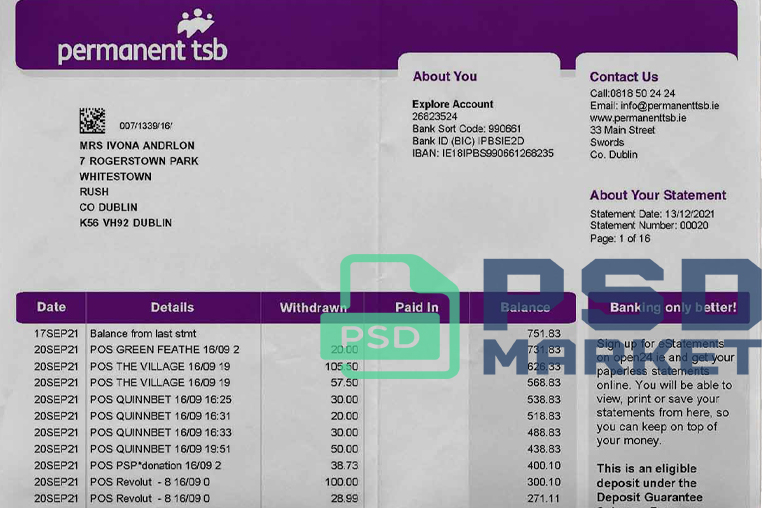 Ireland Permanent TSB Statement Template